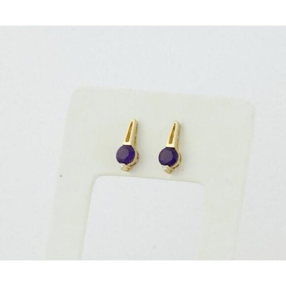 14k Yellow Gold Natural Amethyst & Diamond Earrings Stud Post - Picture 6 of 8